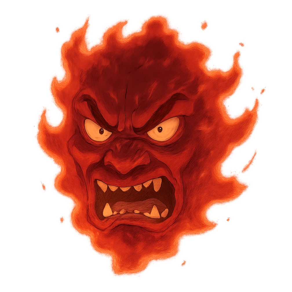 red, angry, plasma-like humanoid monster face, no horns, scary, glowing sticker