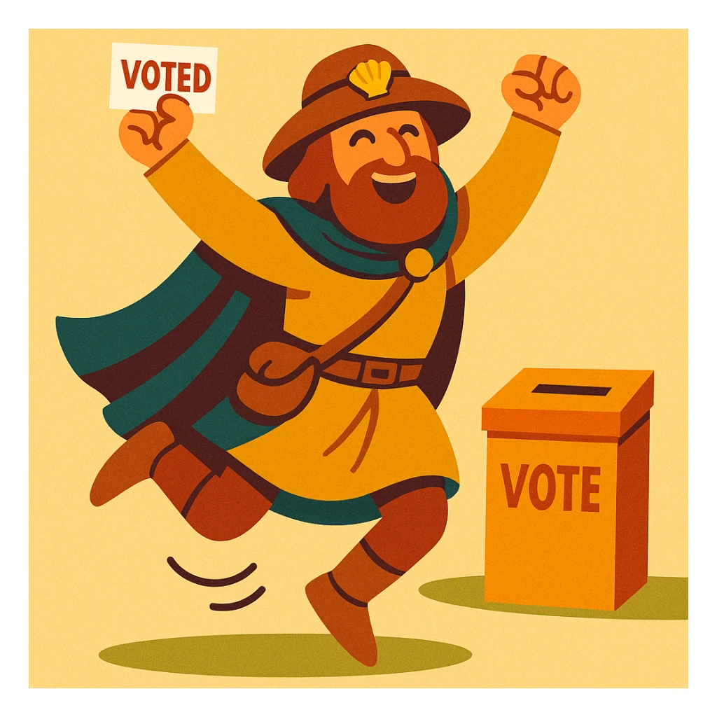 medieval pilgrim celebrating after voting, jumping with joy, vibrant toon style sticker