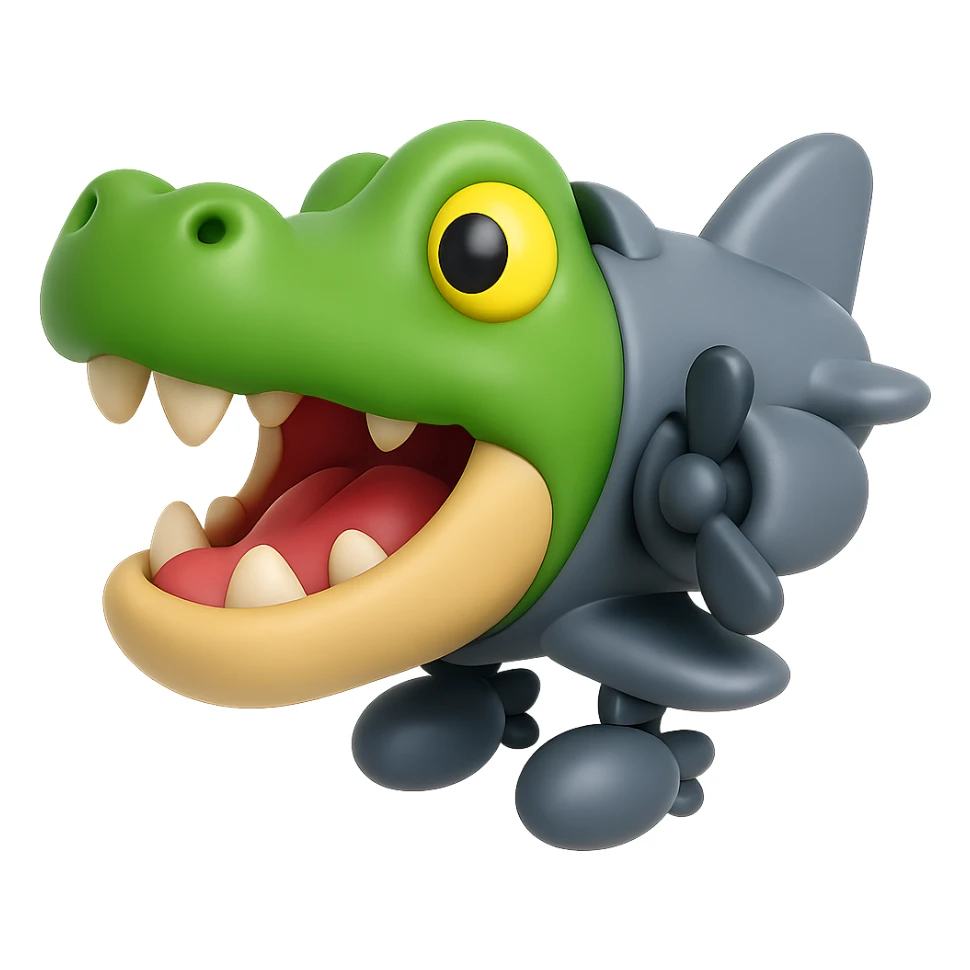 Create a 3D emoji-style version of a crocodile-airplane hybrid character. Keep the green crocodile head, airplane body, propeller, and bombs. The look should be playful and cartoonish. Remove the background. Use a 3D emoji style as reference for the design. sticker
