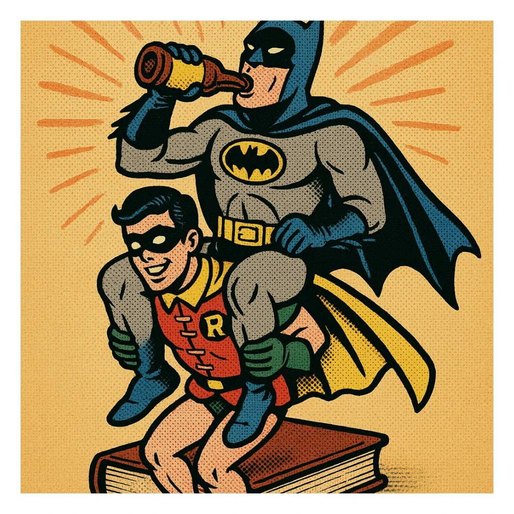 Batman sitting on a book, drinking beer, held by Robin, in a fun and dynamic comic style scene sticker
