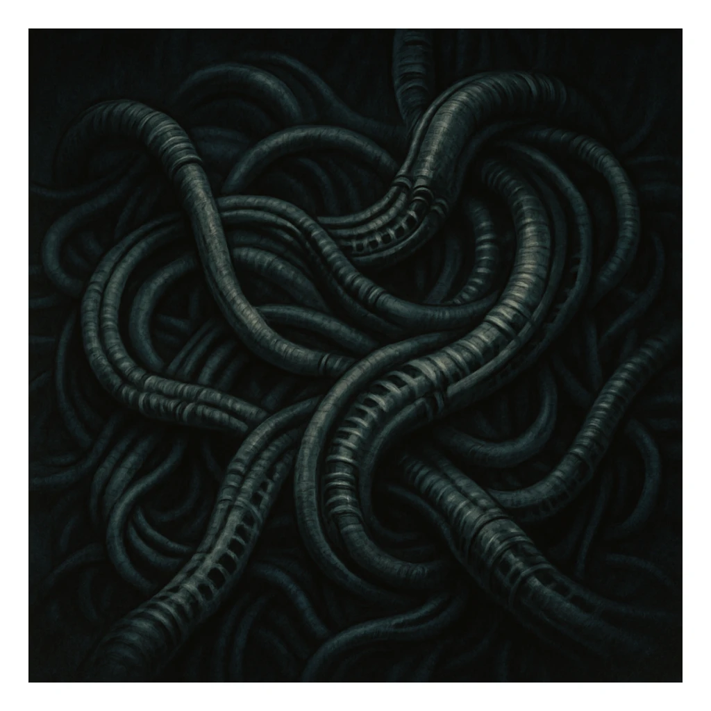 tangled cables with biomechanical textures, inspired by Giger, dark and surreal sticker