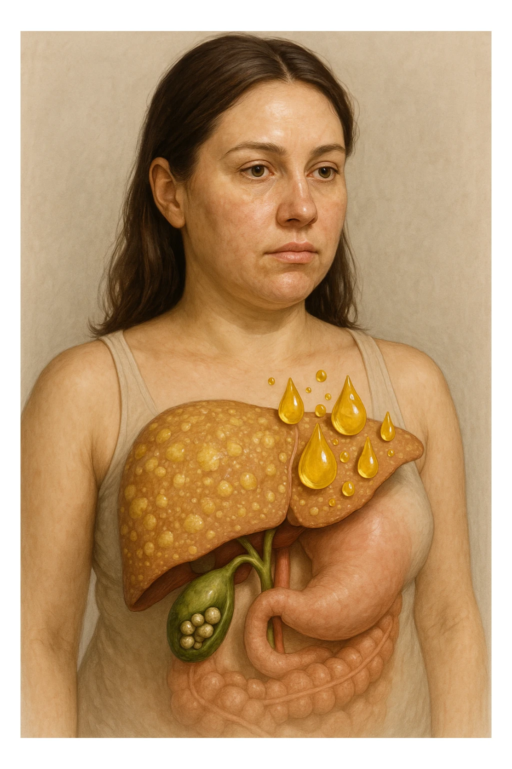 donna con fegato grasso immagine realistica e usa oli vegetali formando anche calcoli biliari sticker