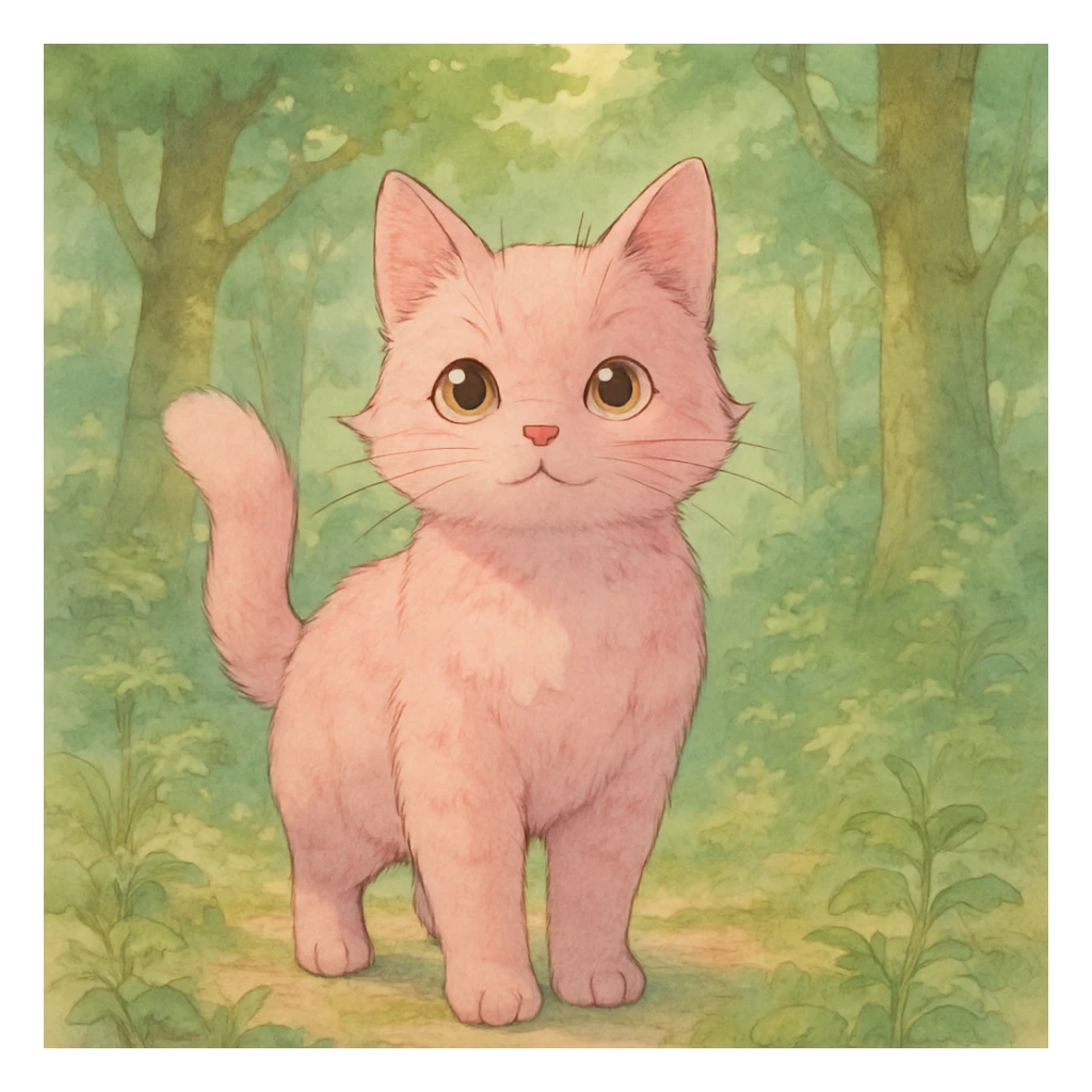 a pink cat in Ghibli style sticker