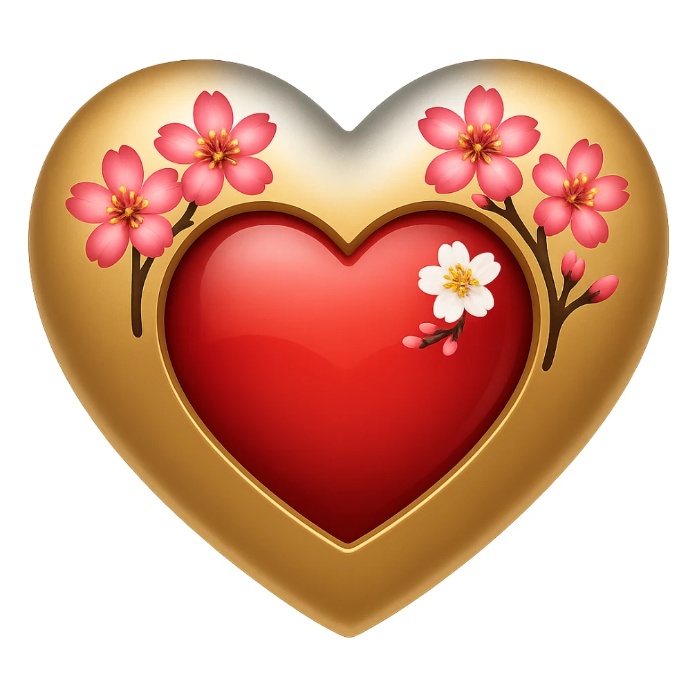 Add a shimmer effect to the gold and silver highlights on the heart with a sakura blossom overlay in the style of apple emojis, no background. sticker
