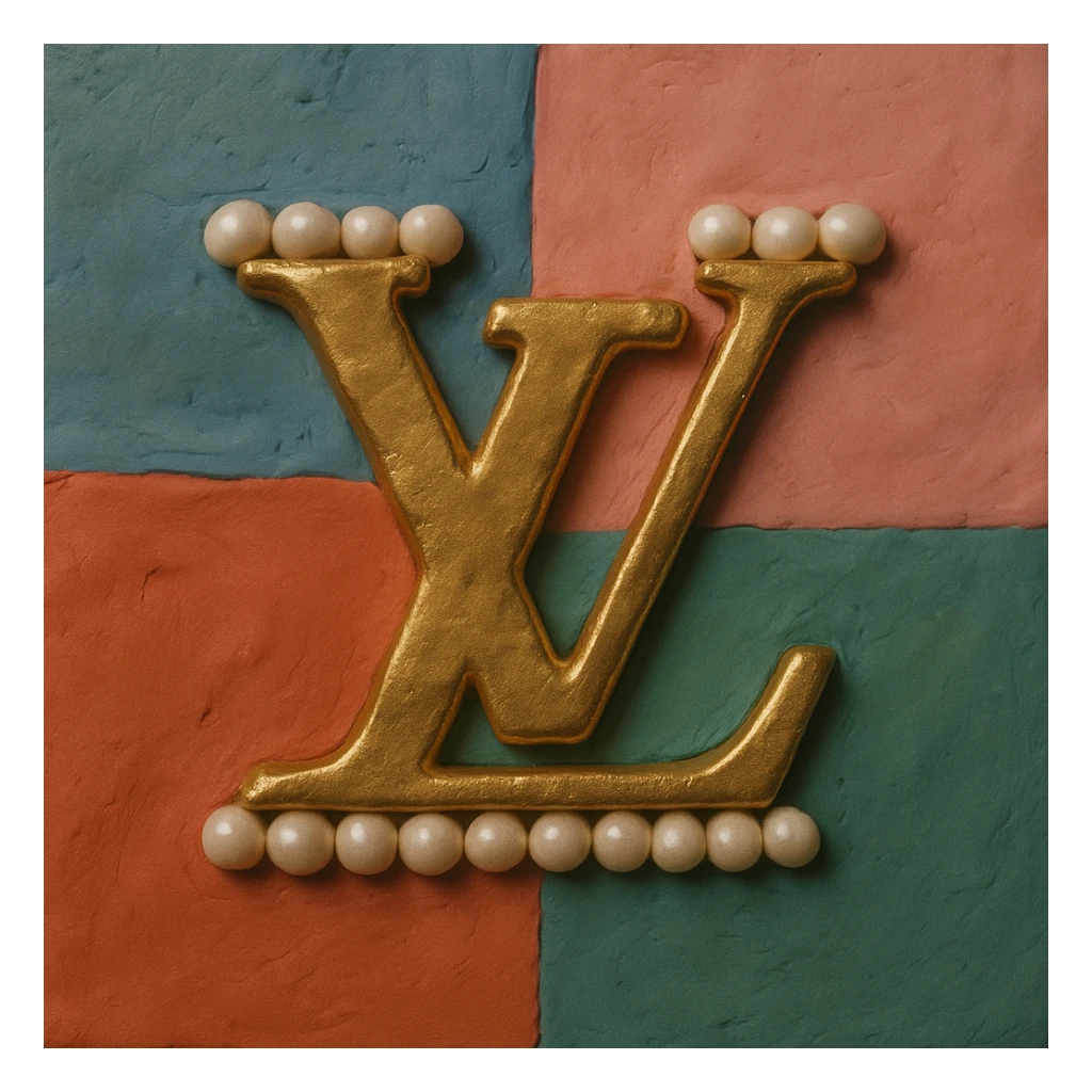 Louis Vuitton LV monogram, metallic gold, pearl border, elegant, claymation style sticker