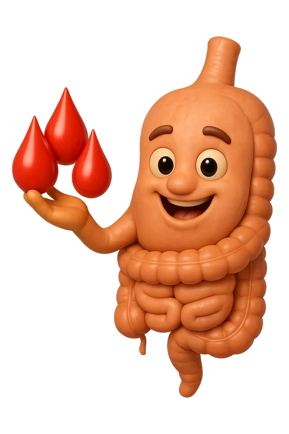 emoji stile iphone 3d di stomaco e intestino collegati verticalmente con 3 gocce di sangue 3d in mano, iperrealistiche 4k sticker