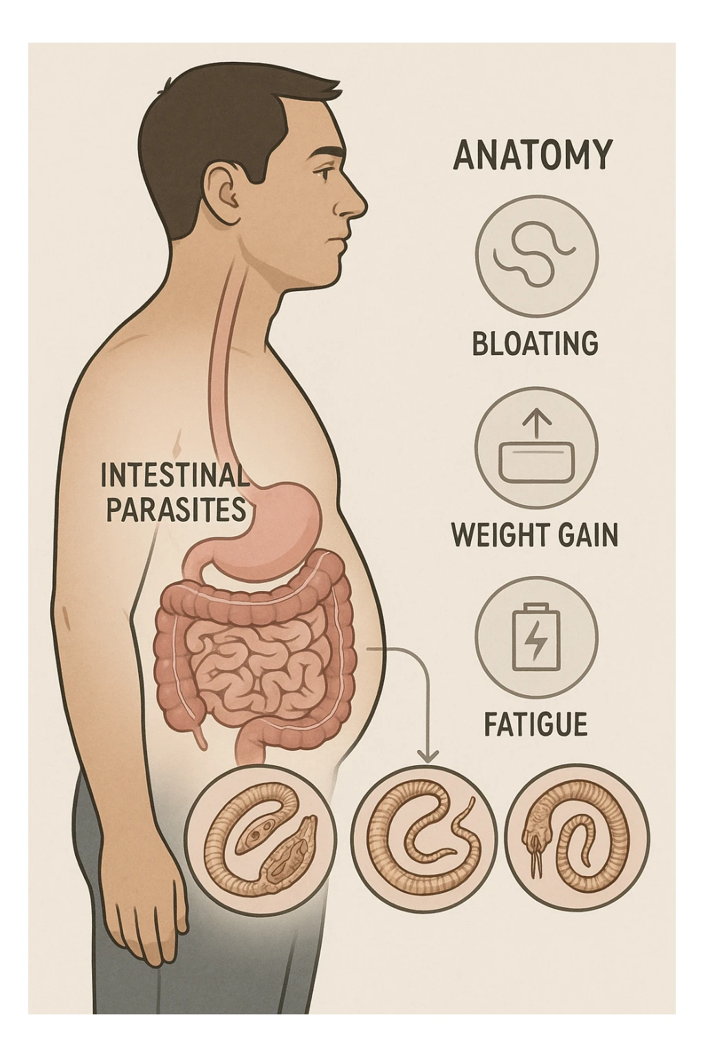 a man stands in profile, with a transparent overlay revealing his digestive tract. Inside his intestines, several enlarged, detailed representations of intestinal parasites are visible. Around the man, subtle arrows or icons indicate symptoms such as bloating, weight gain, and fatigue. The background is clinical and educational, with clear labels for anatomy and parasites. sticker