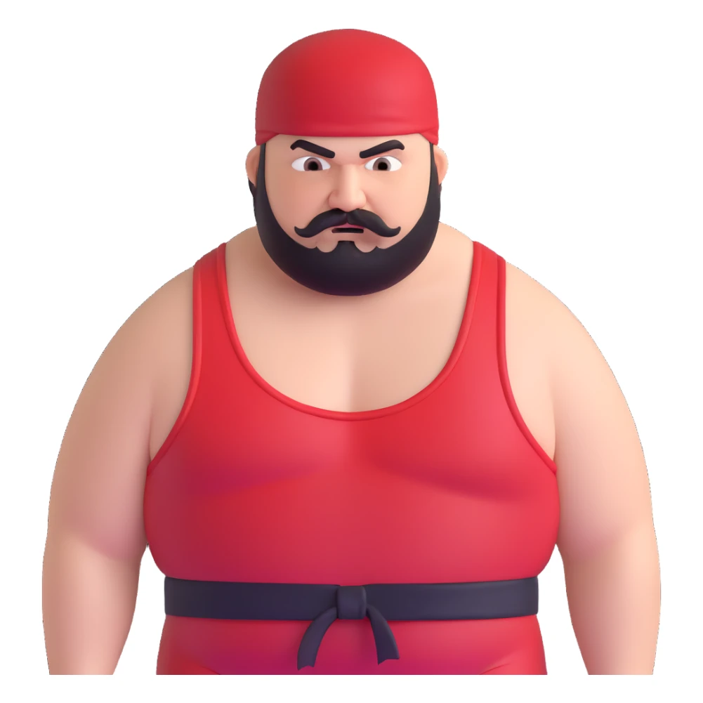 Close-up of extremely fat white skin guy with young face, beard and mustache, no muscle with prominent black durag, black eyes in a red and black wrestling singlet with angry face sticker