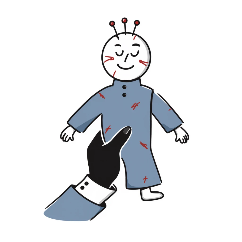 A hand-drawn voodoo doll with Carolina blue fabric and red thread stitches, looking slightly creepy with pins sticker