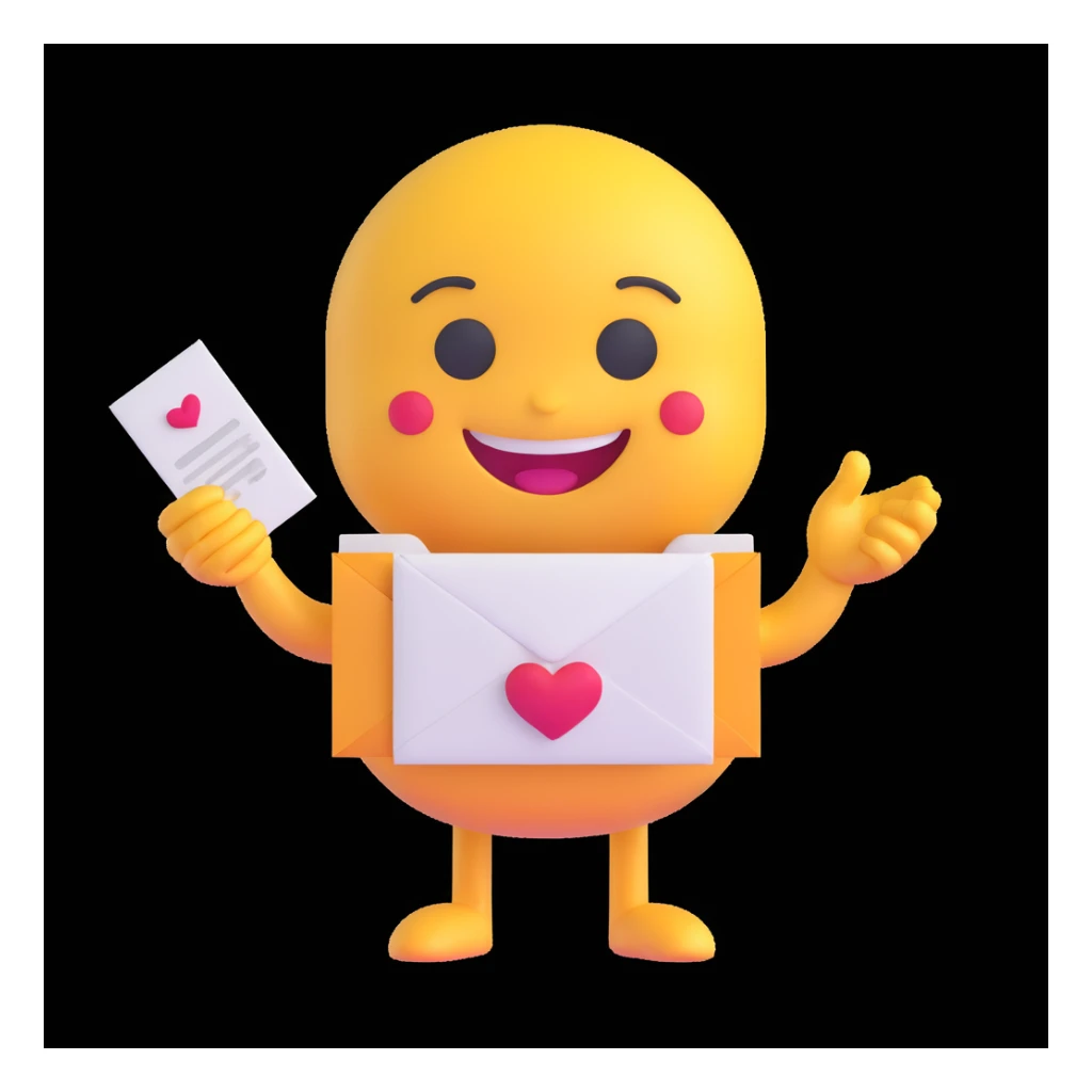 apple-style 3D emoji character holding a wedding invitation with both hands, cute and minimal, soft shadows, white background, high-resolution, emoji face smiling gently, pastel color palette sticker