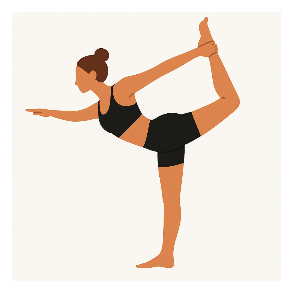 Minimalist flat vector illustration of a woman doing yoga in forward fold pose (Standing Bow Pulling), wearing sportswear (black top and black shorts), brown hair in a bun, clean white background, no face details, elegant style sticker