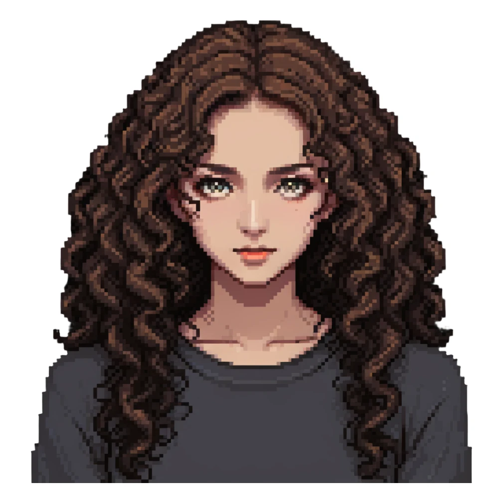 girl with longer curly hair parted on the side, dark eyes and light makeup sticker