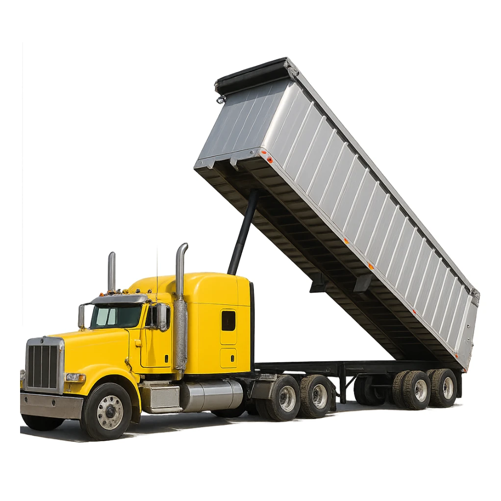 long silver end dump trailer hooked to a yellow semi sleeper truck, trailer in dump position, photorealistic style, crisp details sticker