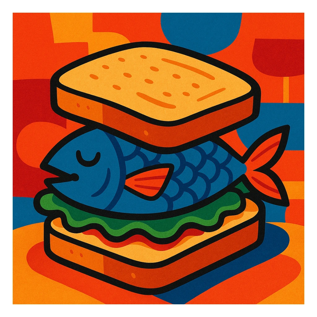 expressive illustration of a sandwich with bread and fish, gourmand atmosphere sticker