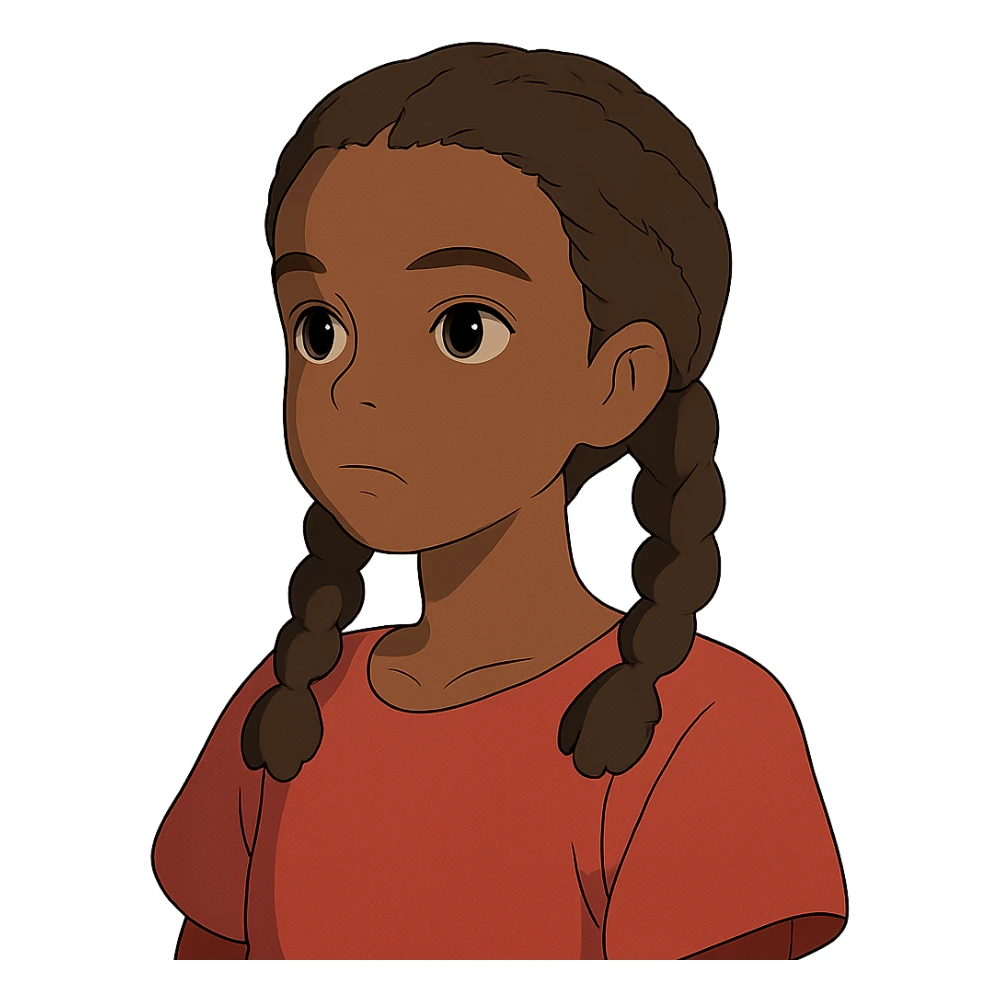 ghibli style dark skin girl with braids and red shirt sticker