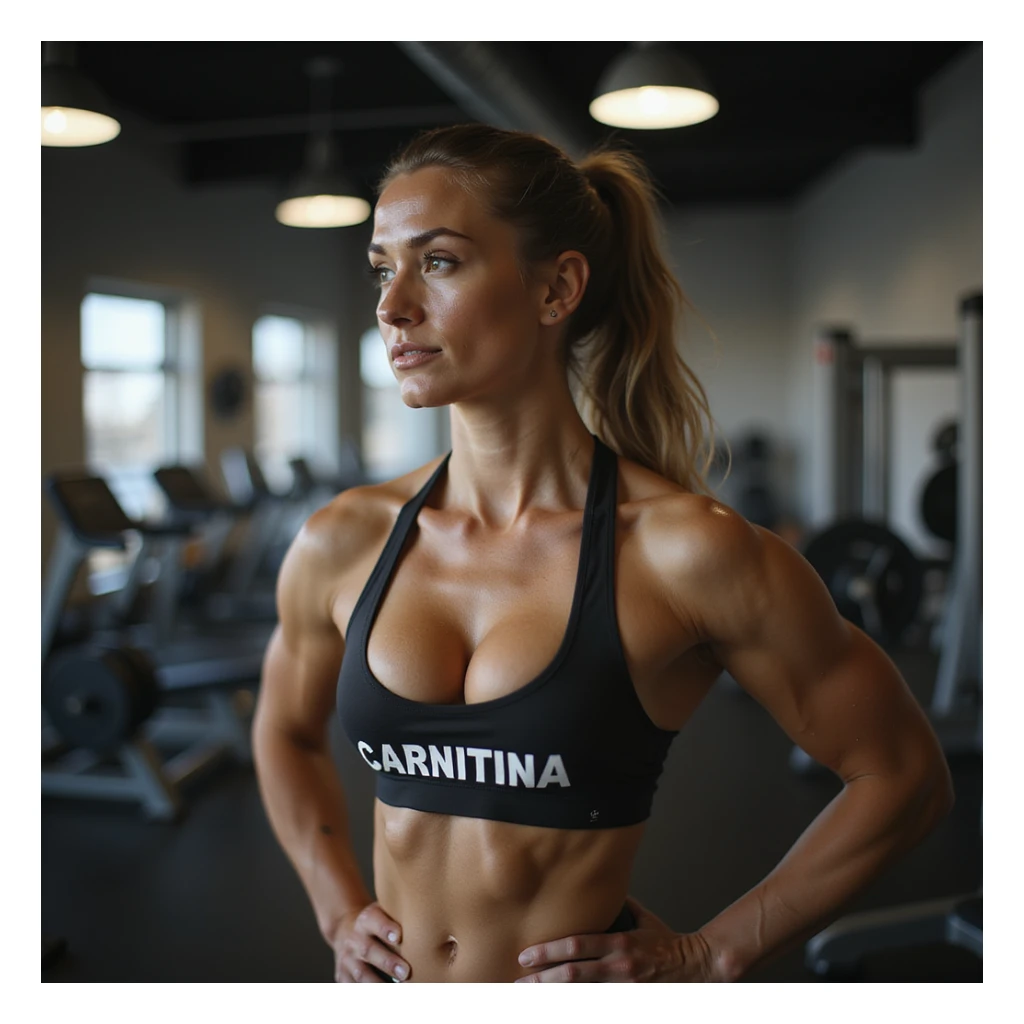 female bodybuilder in gym, hyperrealism 4k, large and clearly visible "CARNITINA" text on chest sticker
