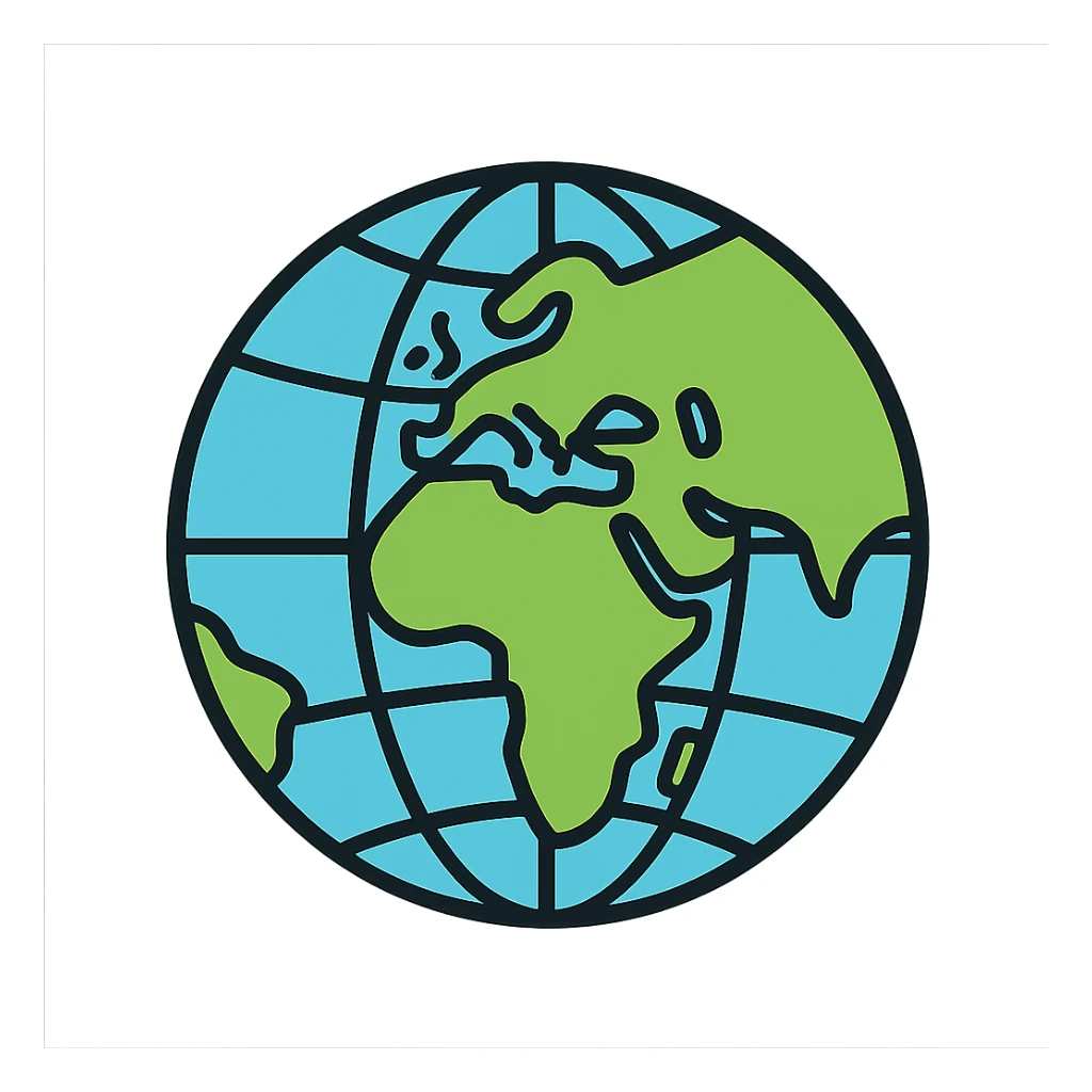 detailed globe icon showing continents, oceans, and latitude/longitude lines, lineal color style with black outlines sticker