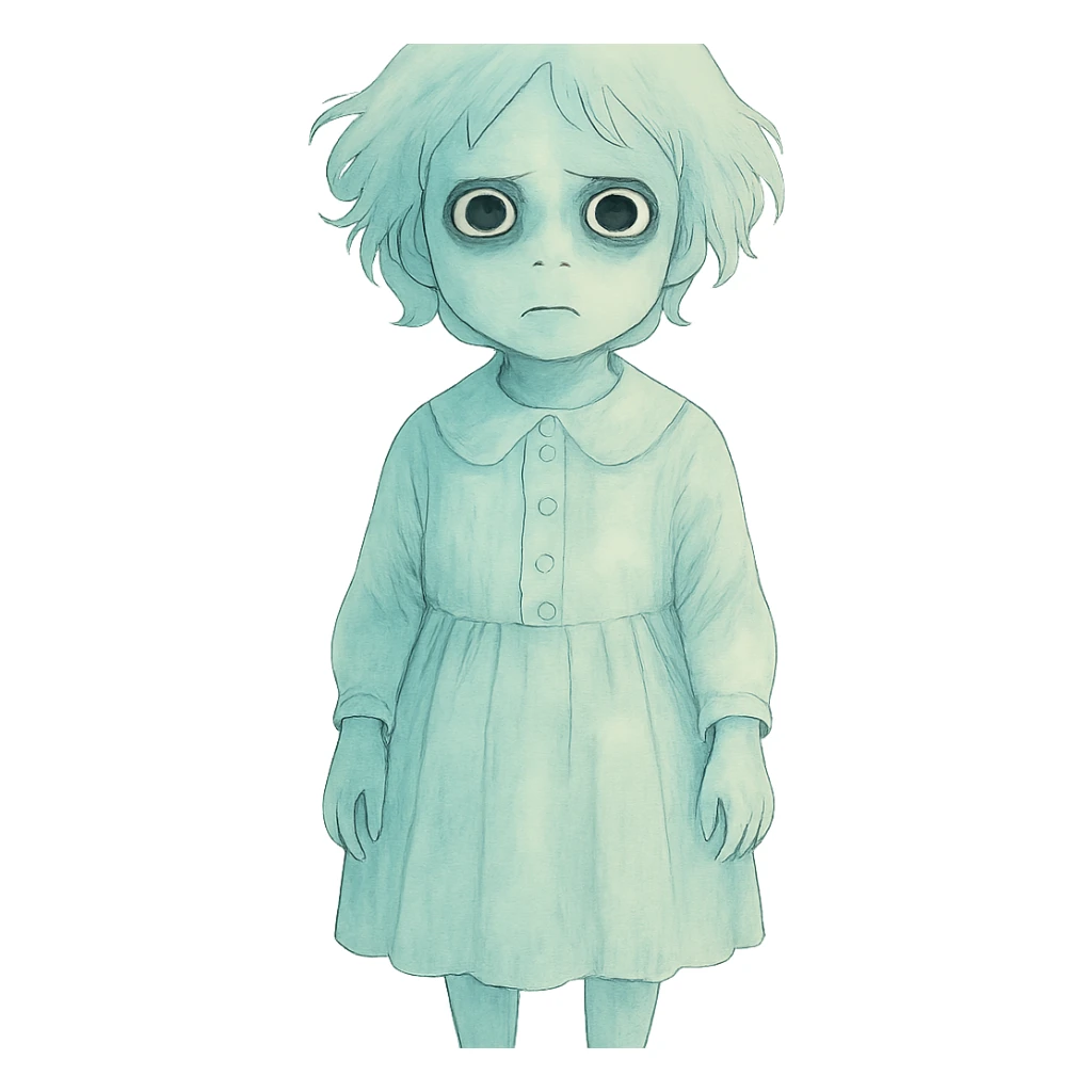 creepy ghostly child, pale and translucent, old-fashioned clothes, unsettling expression sticker
