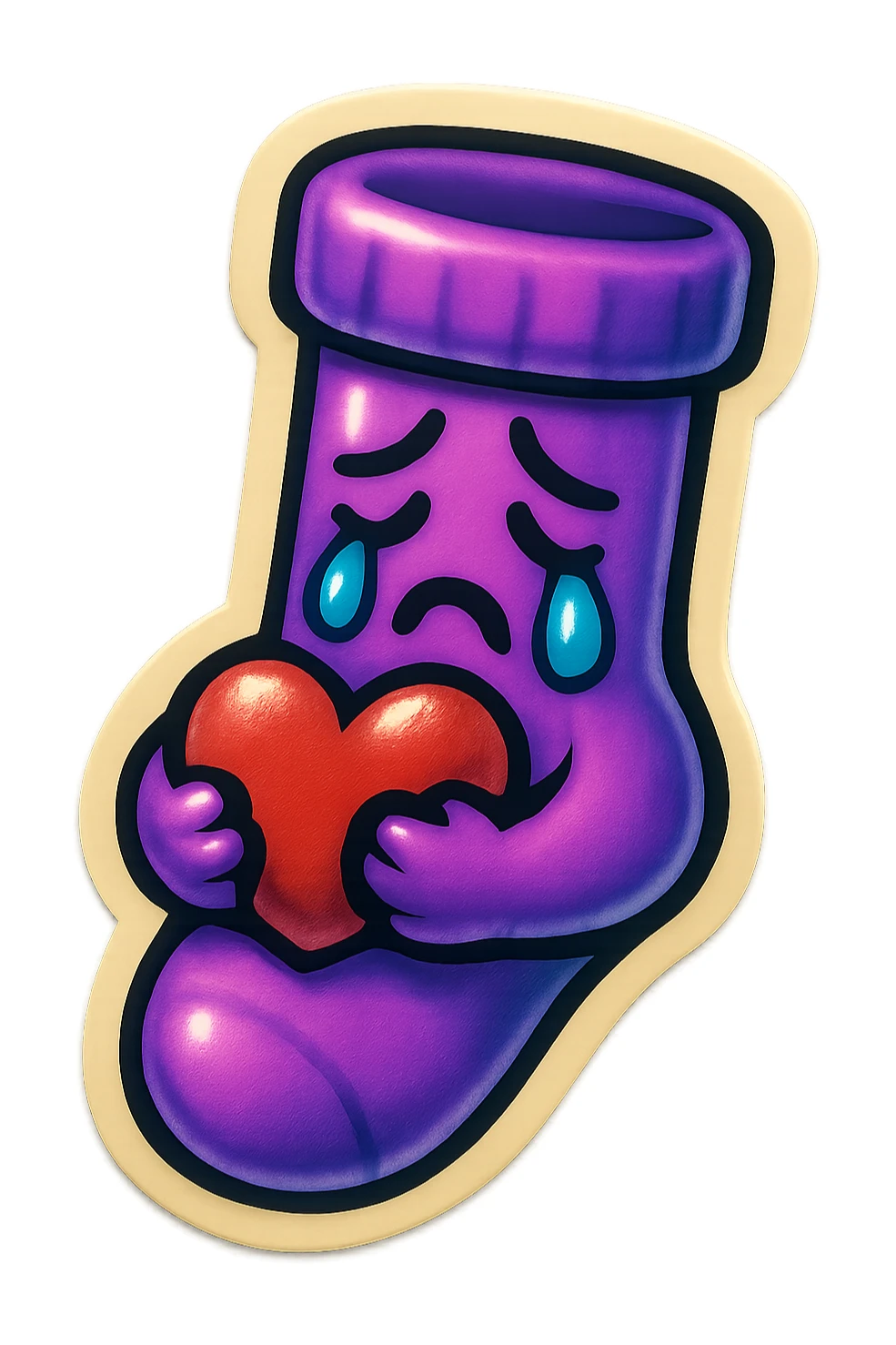 A neon-purple sock with a crying face, holding a heart, representing crying or emotional moments. sticker