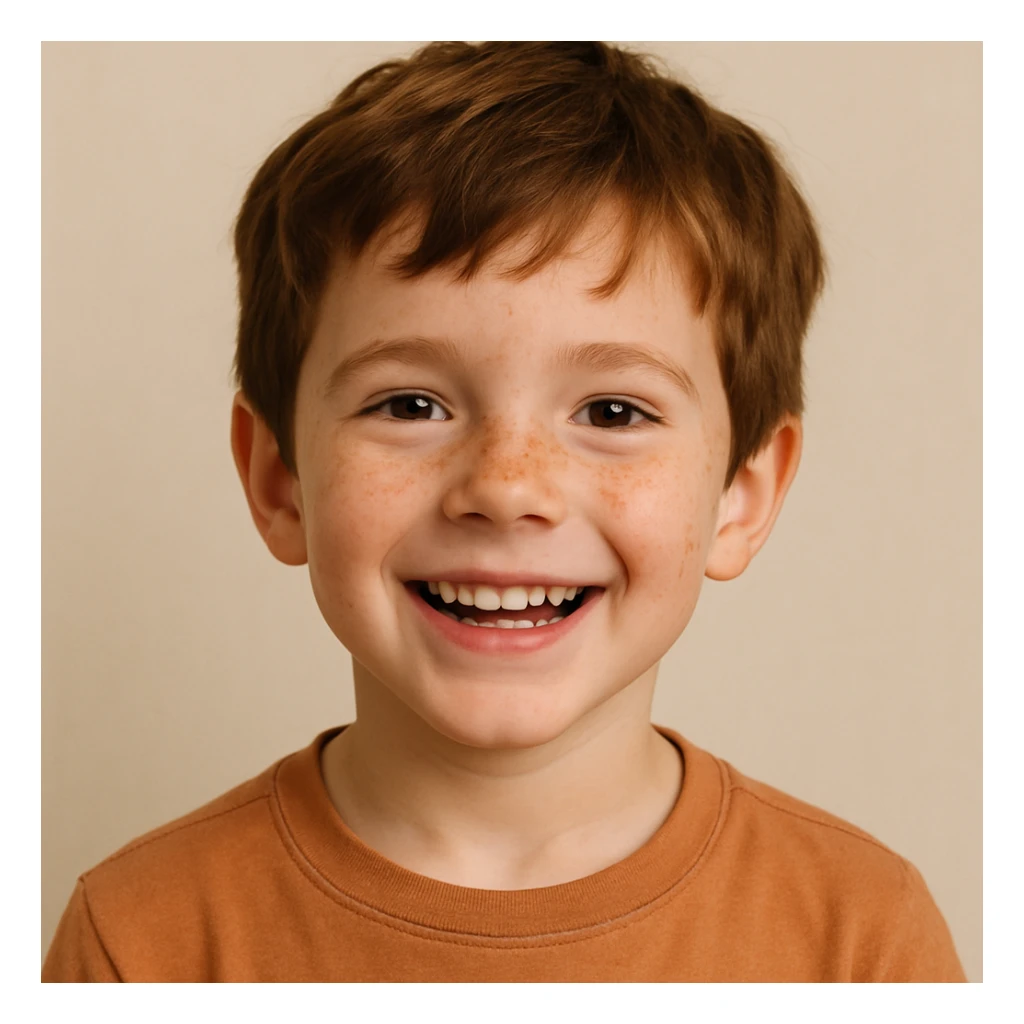 young boy with brown hair and freckles, cheerful, plain background sticker