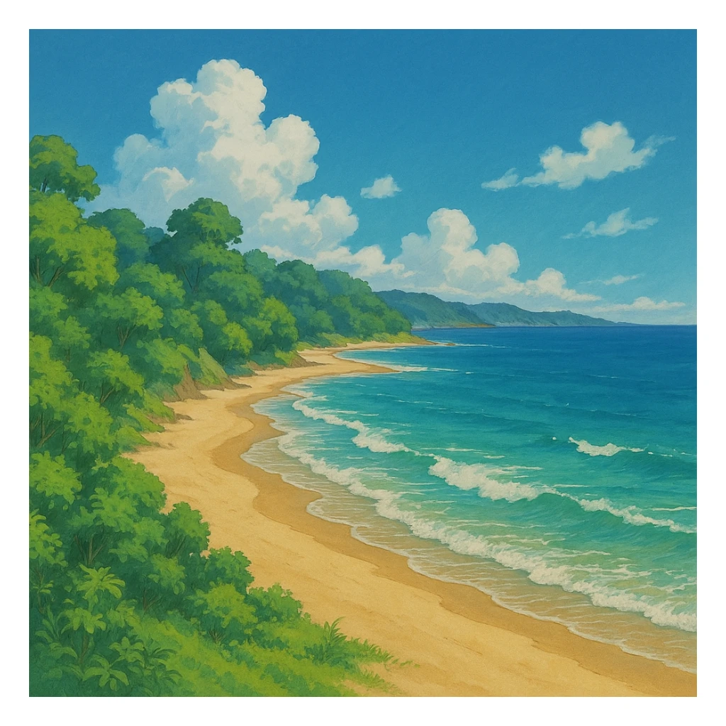 ghibli style coast with sandy beach, gentle waves, and lush greenery sticker