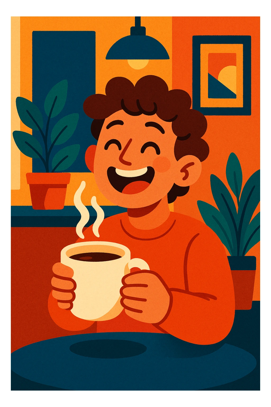 a person joyfully holding a steaming cup of coffee, expressive face, cozy atmosphere, modern illustration style sticker