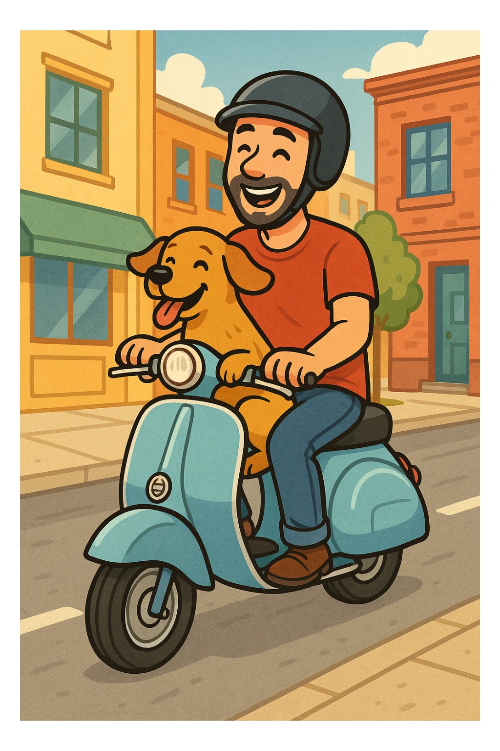 man and his pet dog riding a vespa sticker