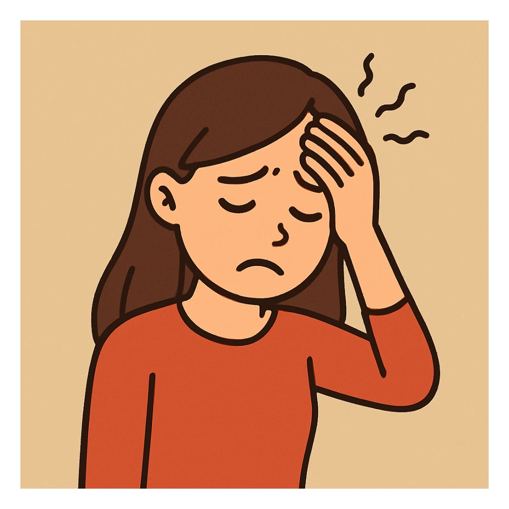 flat toon style sad girl with headache, hand on head, simple background sticker