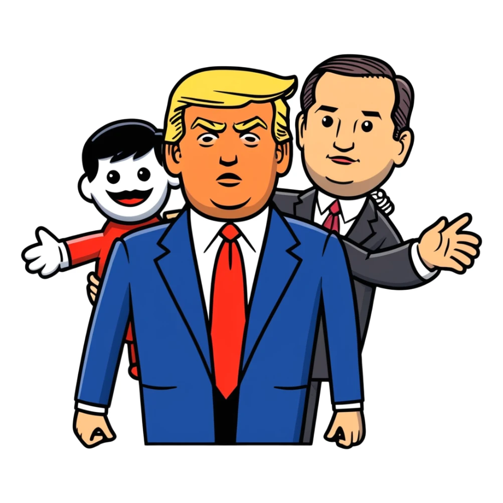 Trump as a puppet master with Ted Cruz and Greg Abbott sticker