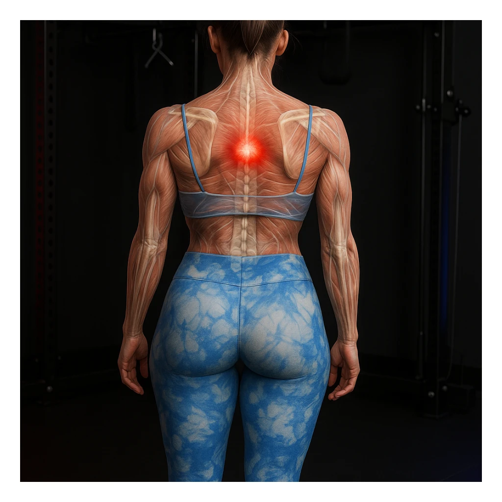 Anatomical hyperrealistic 4K view of a woman from the back in a gym environment, showing a muscle contracture as a clearly visible knot at the center of the upper back muscles, translucent muscles and skin, with a red halo. sticker