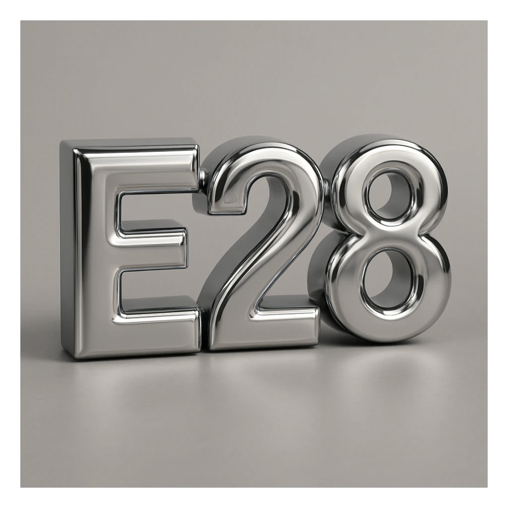 3D chrome letter 'E28' with a reflective surface sticker