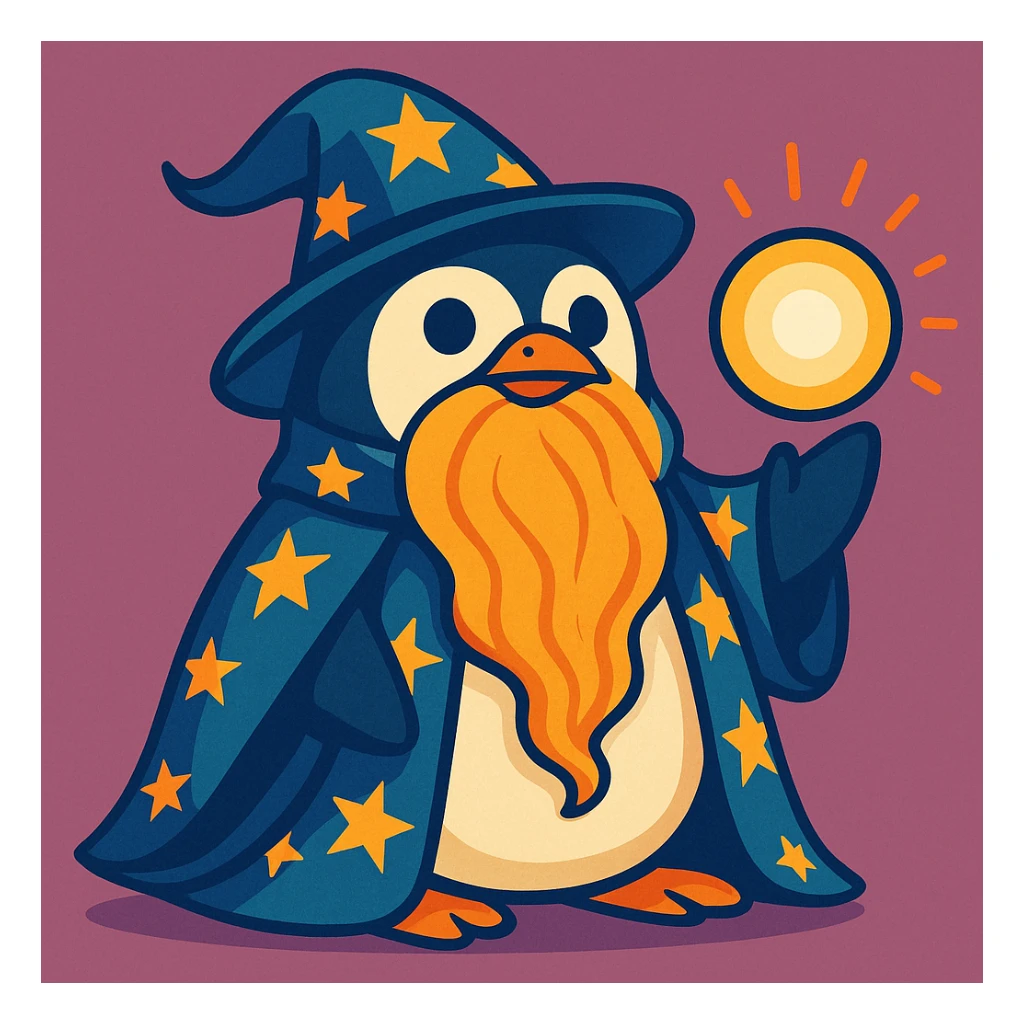 a chubby penguin wizard with a long beard, starry cloak, and a glowing orb, looking wise and mystical, fun and whimsical style sticker