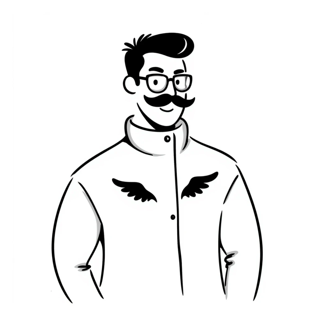 pumped up white male, glasses, buzz cut black hair, handlebar mustache black, two wings tattooed on his chest sticker