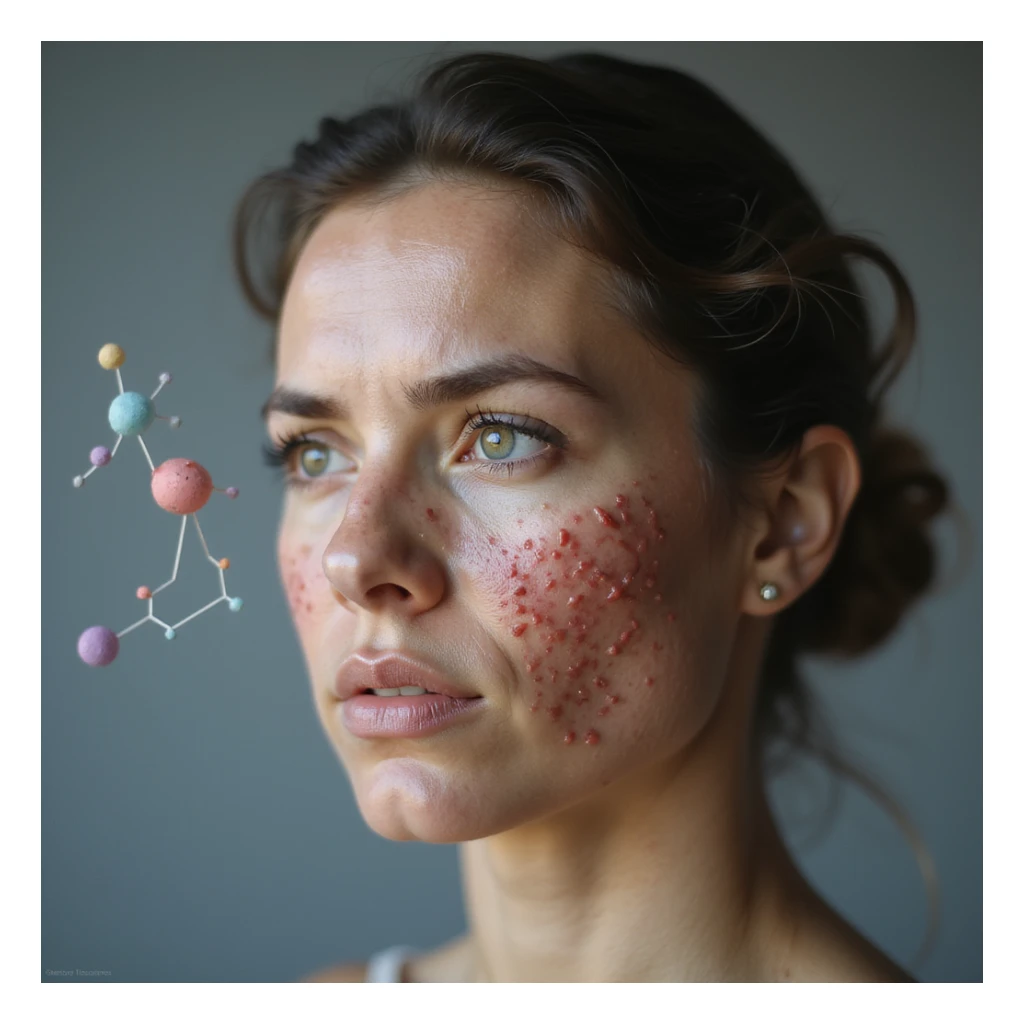 hyperrealistic 4K image of a woman with hormonal imbalance, face with acne, with a stylized illustration of estrogen and progesterone molecules in the background, serious expression sticker
