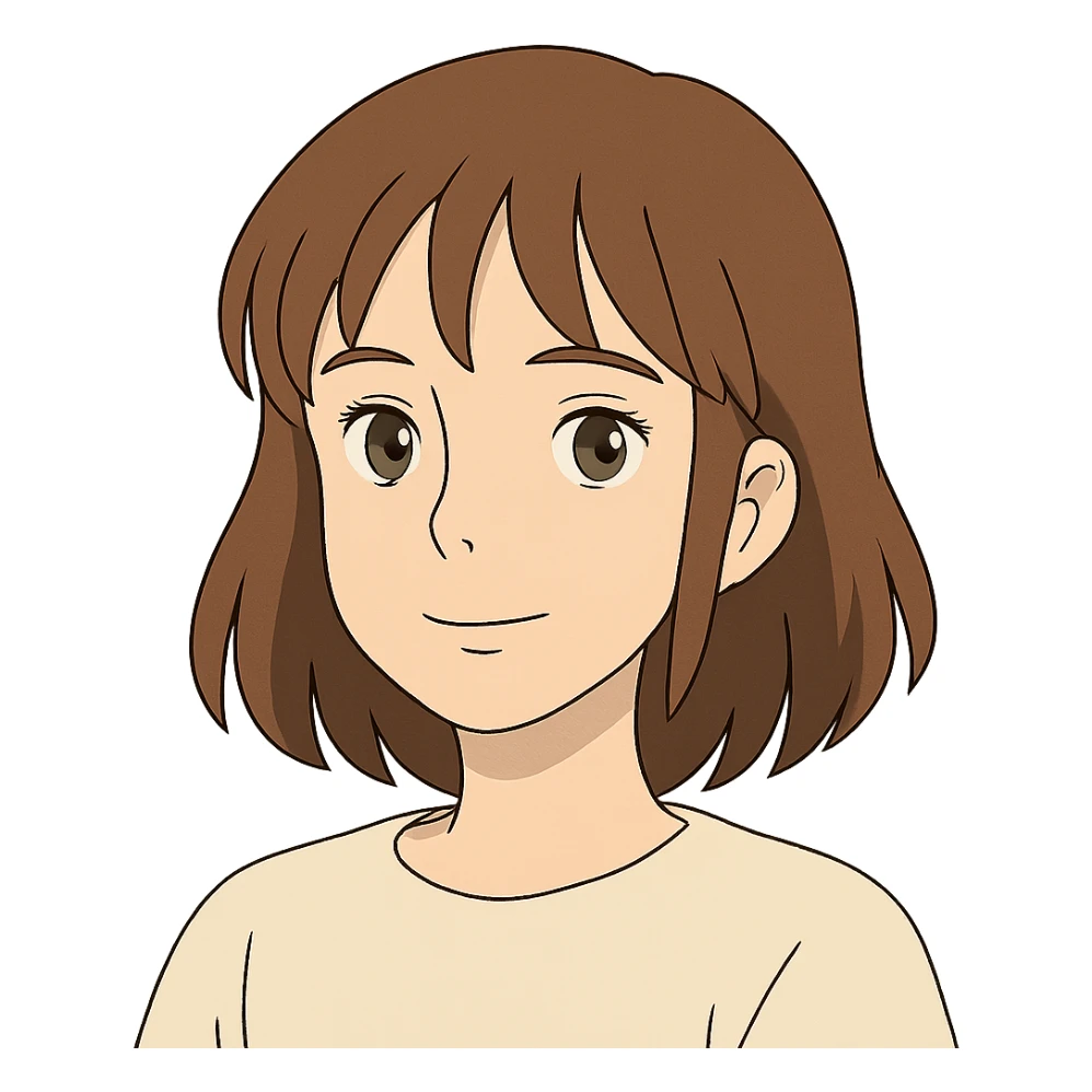 white girl with brown hair, light brown eyes, medium eyelashes, brown eyebrows, medium lips, medium nose in ghibli style sticker