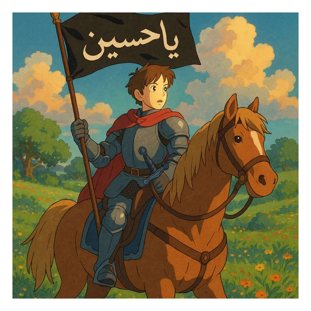 A knight with light on his face riding a horse, holding a banner with “Ya Hussein” written on it in Arabic, and holding a sword Tokijin In the sheath sticker