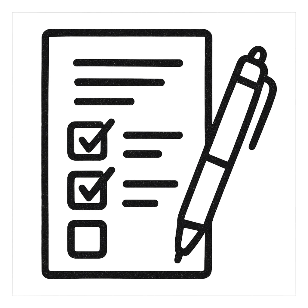hand-drawn outlined icon of a survey form with a pen sticker