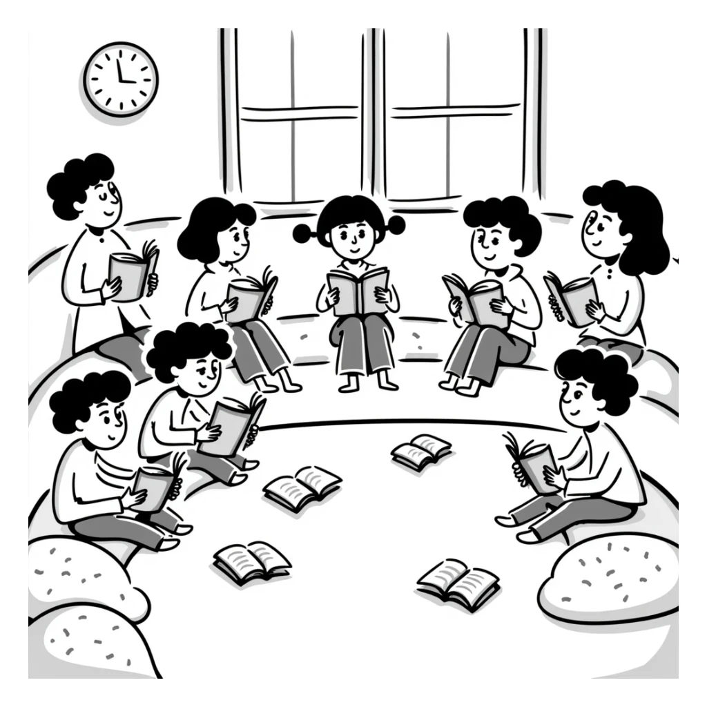 hand-drawn cozy classroom with cushions and books sticker