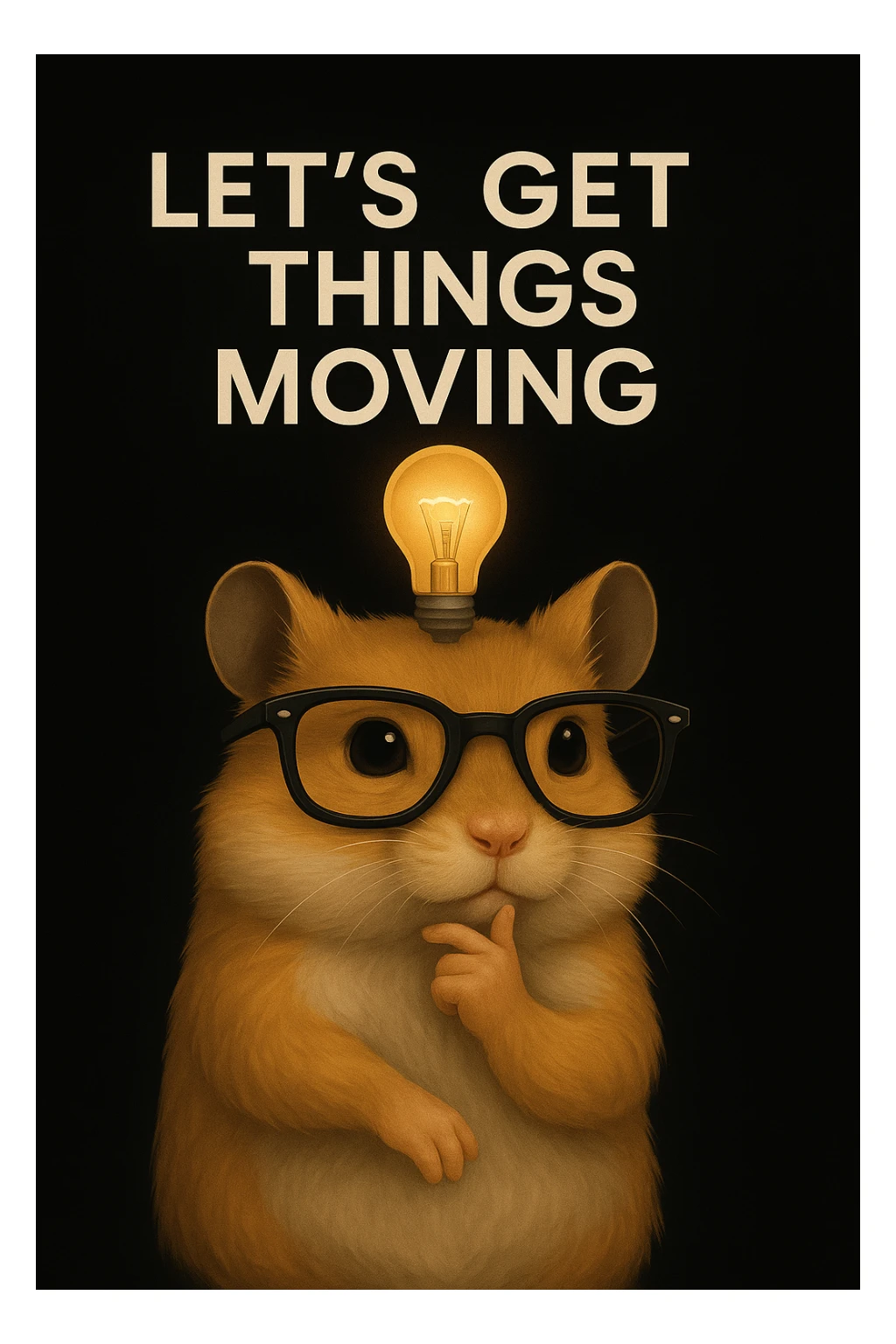 Add the text 'Let’s Get Things Moving' in a modern, clean font above or beside the modern, semi-realistic hamster with cool glasses and a lightbulb on a solid black background. Maintain the modern, semi-realistic style of the hamster with cool glasses and a lightbulb as in the reference image. sticker