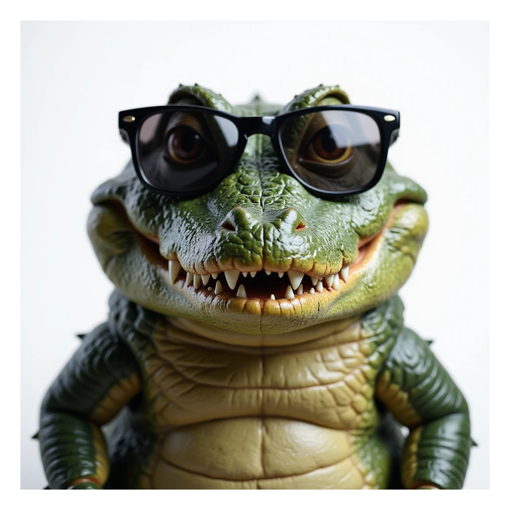 realistic crocodile, sunglasses, smiling, photorealistic style, emoji sticker