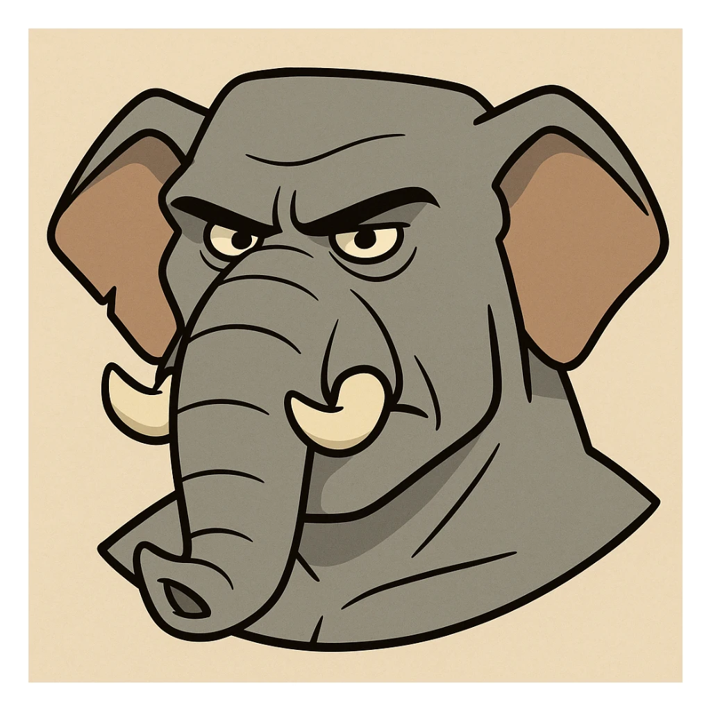 masculine elephant head, cartoon style, broad forehead, pronounced jaw, commanding presence sticker