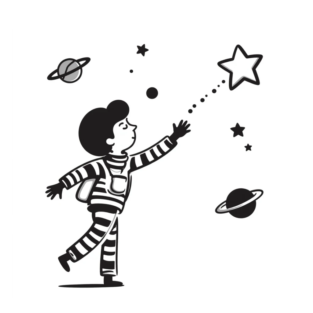 A hand-drawn whimsical space scene with stars and planets sticker
