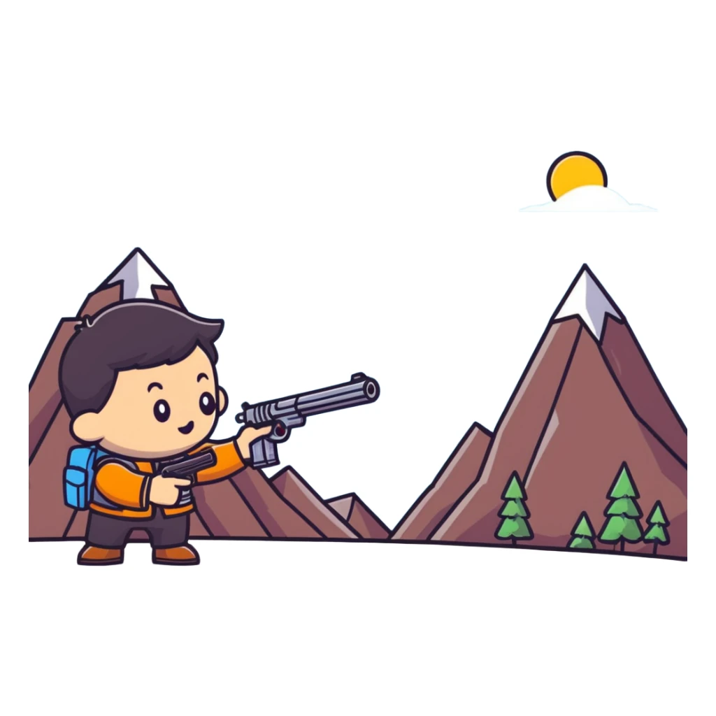 Cute tiny character with a toy gun shooting at a mountain with little figures sticker