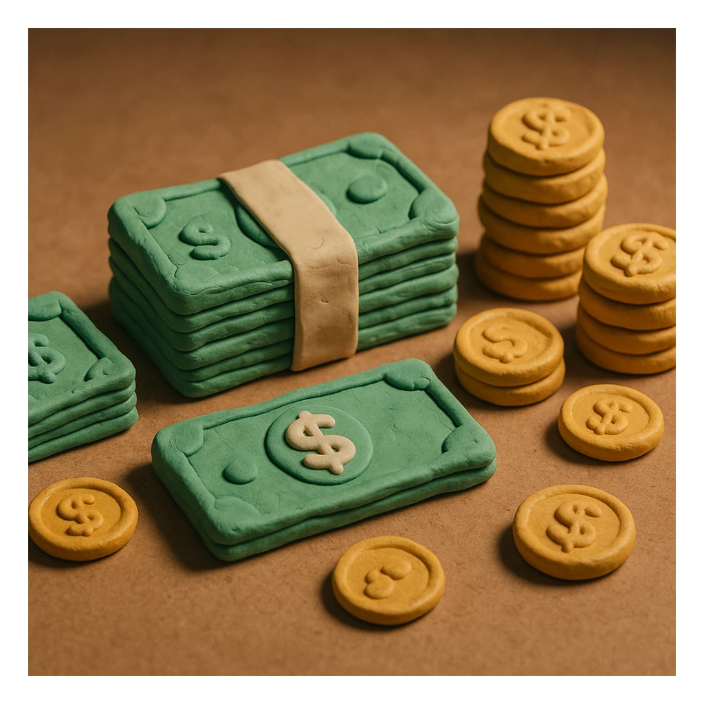 money, cash, dollar bills, coins, wealth in claymation style sticker