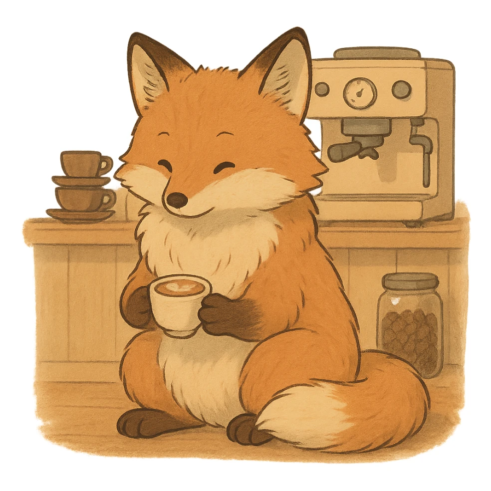 soft fluffy full-body fox holding a tiny latte cup, brown and beige tones, pastel coffee maker aesthetic, cozy coffee shop vibe, gentle warm atmosphere, Ghibli style sticker