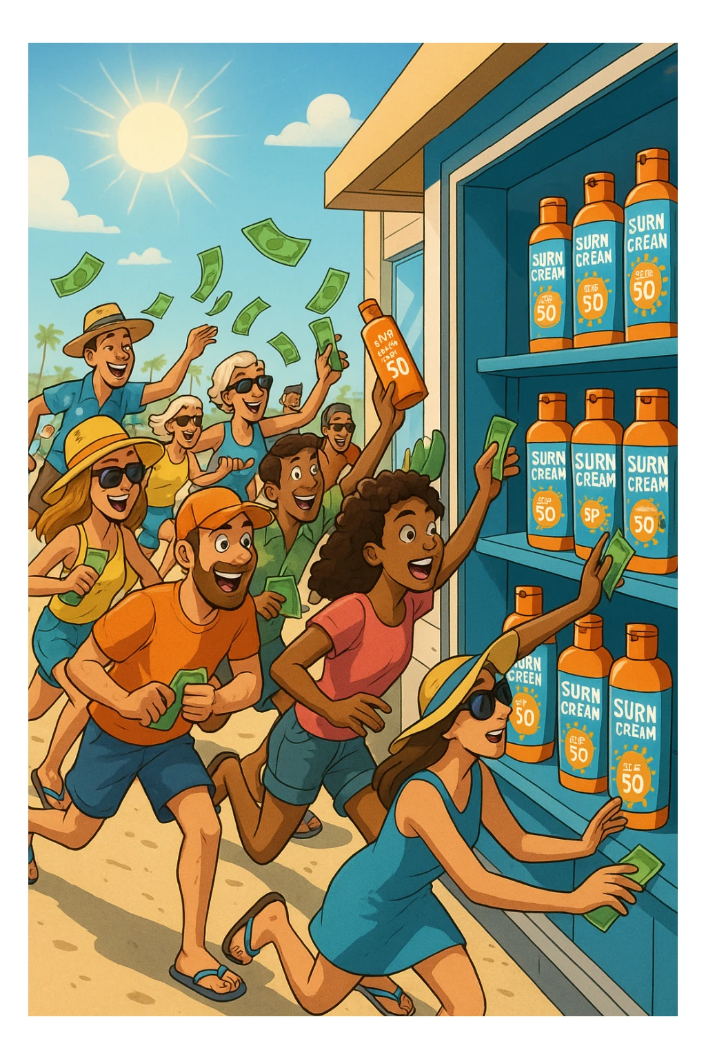 tante persone che corrono a comprare le creme solari sticker