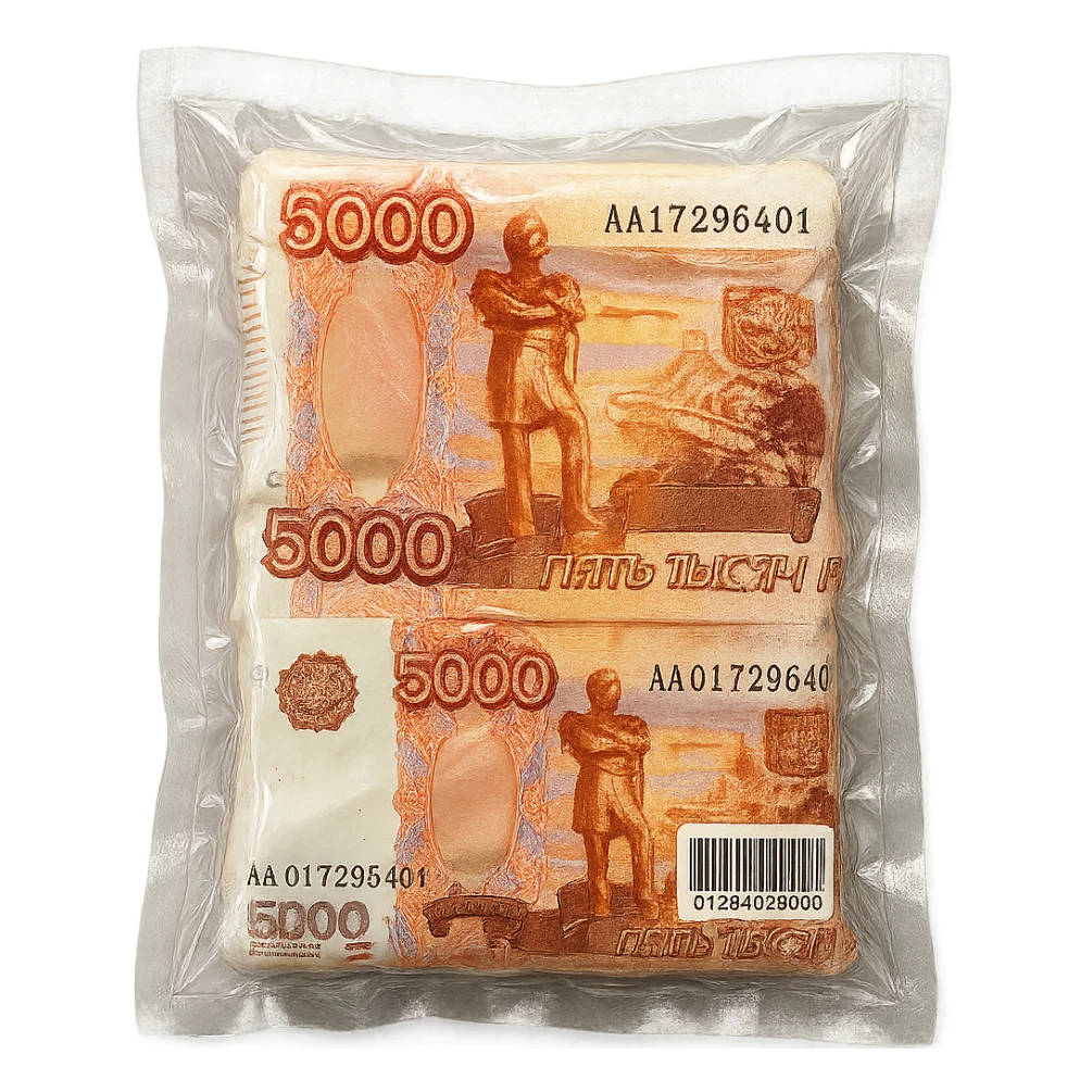 5000 Russian ruble banknote, glossy and puffy, vacuum-sealed style sticker