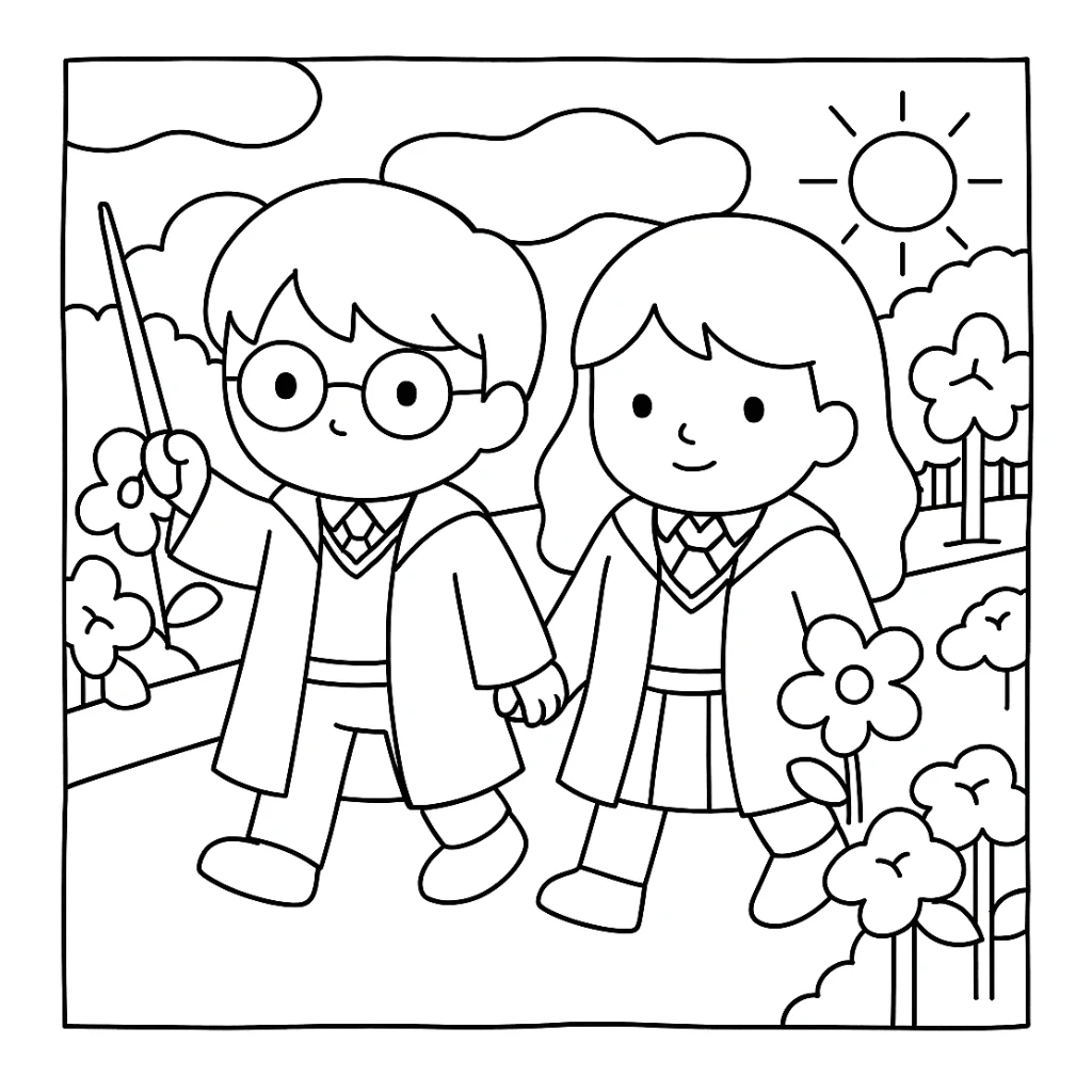 Replace the two teddy bears with cute Harry Potter and Gina Weasley characters in the same simple line style and original background. Harry Potter should have his signature scar and Hogwarts robe, and Gina Weasley should have red hair and Hogwarts uniform. Maintain the cute style and simple line art consistent with the original references. sticker