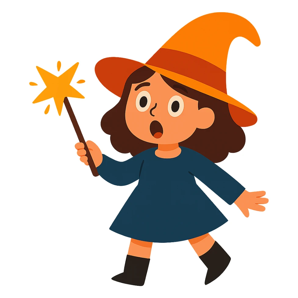 Make the brunette girl witch look surprised, keep her whimsical and magical, vibrant toon style, no background. sticker