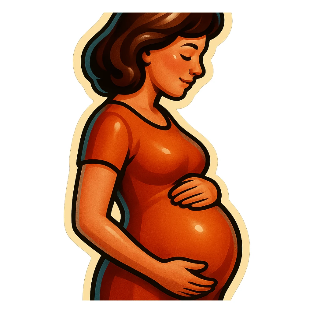 pregnant woman half-length portrait, standing sideways, holding belly, face and head fully in frame, retro stickers style, soft rounded shapes, expressive contours, vintage color palette, light paper texture, shadows and highlights, transparent background, different hairstyles and dresses sticker